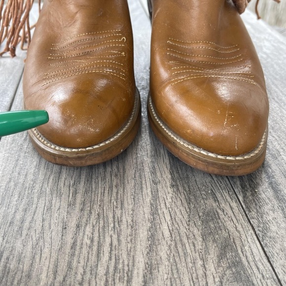 ACME Western Cowboy Boots Women 7.5 D Brown Leather Fringe Rope Stacked Heel USA - Picture 8 of 14